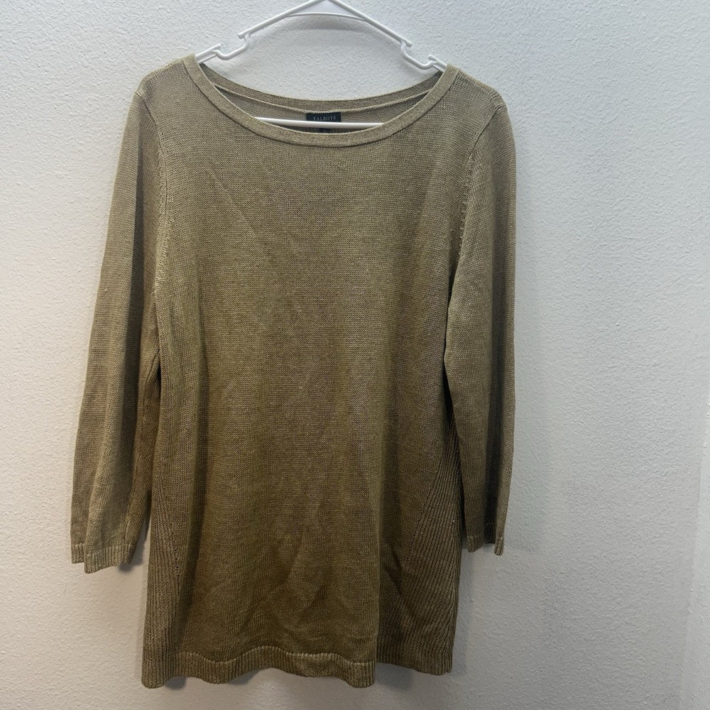 Talbots‎ Womens L Knit Top Beige 100% Linen Top 3/4 Sleeves Minimalist High Neck